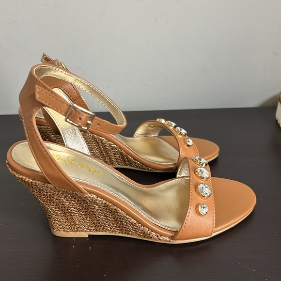 Lilly Pulitzer Natasha Wedge Shoe Leather Auburn Tan Crystal Embellished 7 NEW - Picture 9 of 15